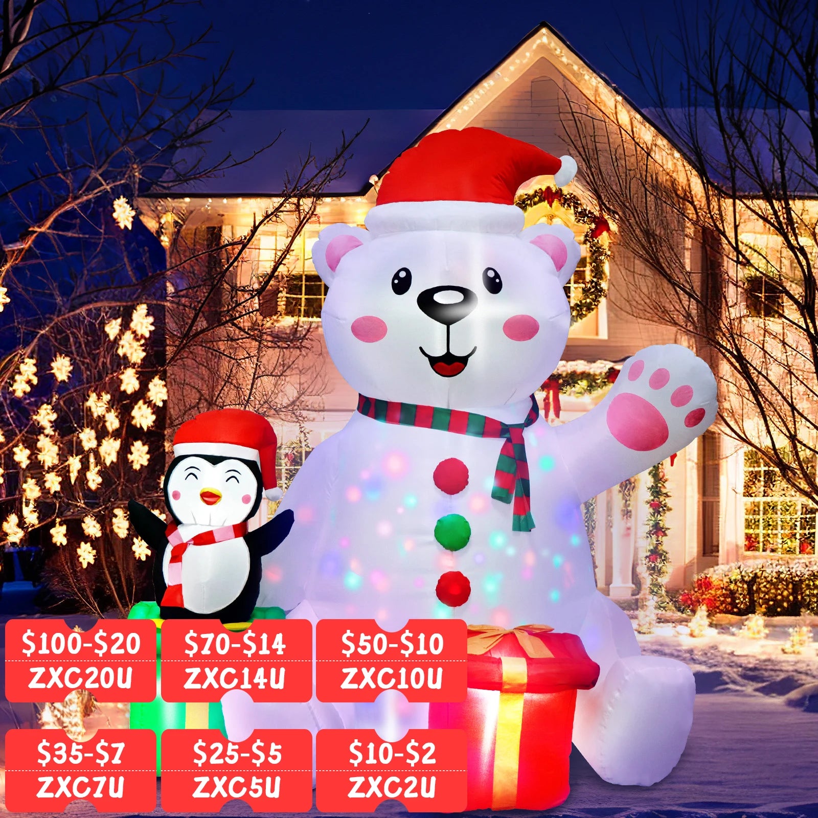 6FT Christmas Inflatables Outdoor Decorations Polar Bear Inflatable with Penguin Blow up with LED Light for Xmas Outdoor Decor
