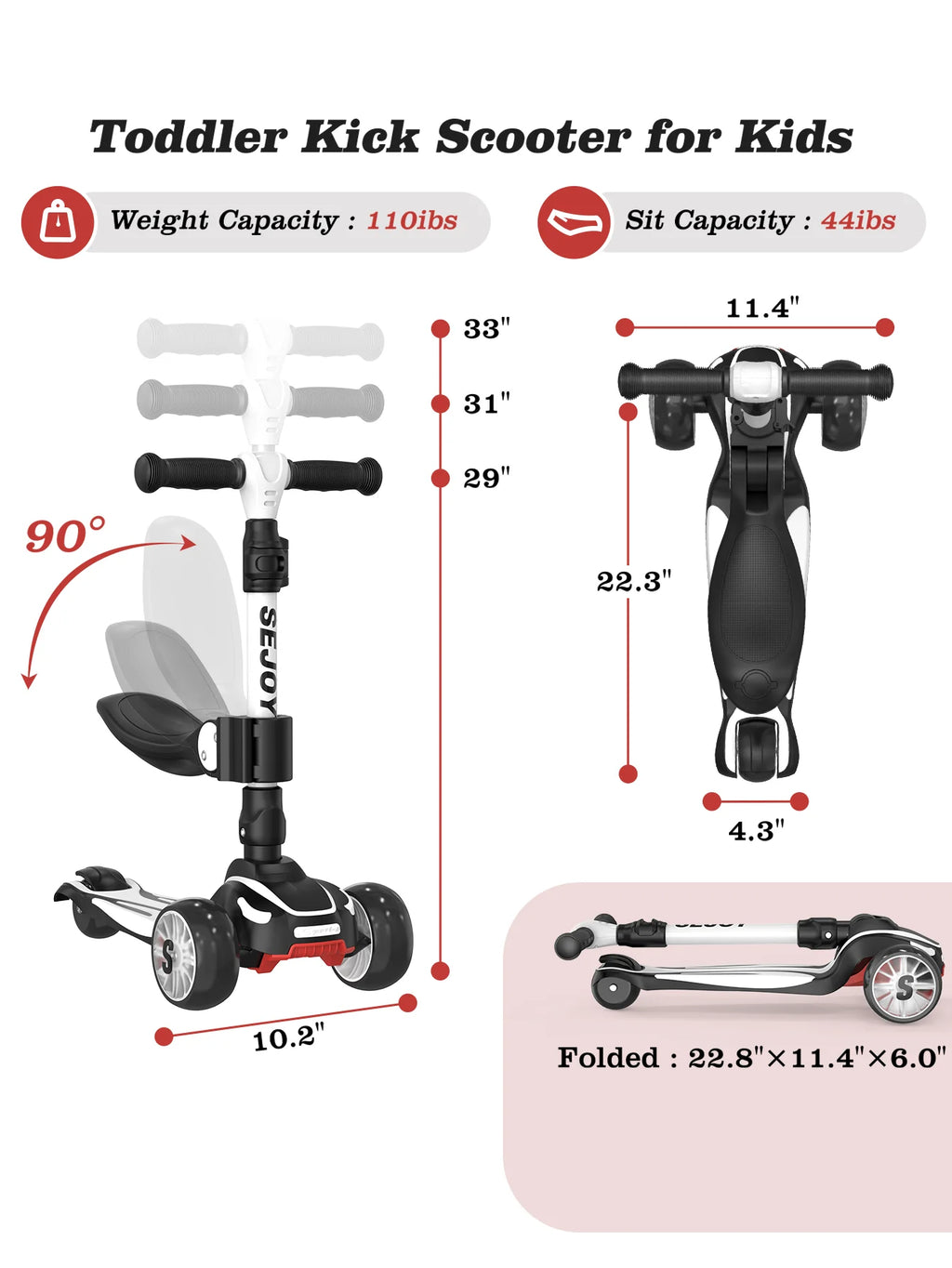 Sejoy Kid Kick Scooter Three Wheel with LED Flashing 3-in-1 Lightweight Children's Foot Scooters Height Adjustable