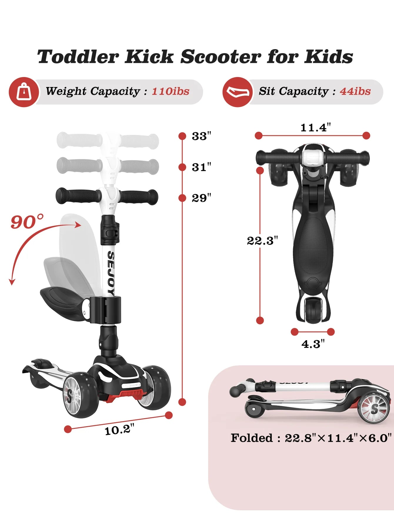 Sejoy Kid Kick Scooter Three Wheel with LED Flashing 3-in-1 Lightweight Children's Foot Scooters Height Adjustable