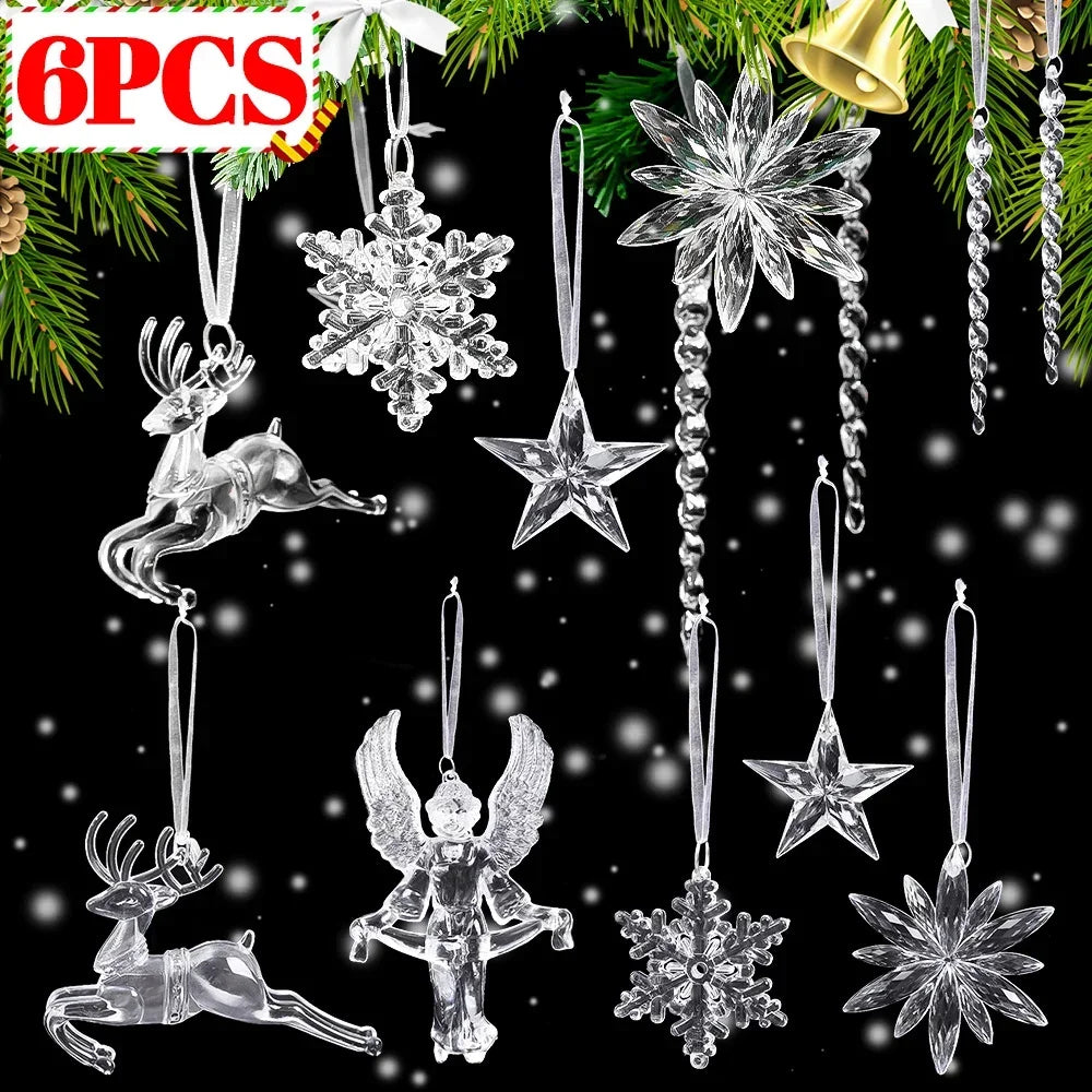 6/2pcs Crystal Clear Snowflake Christmas Tree Pendants Icicle Decorations For Holiday Winter Party Transparent Hanging Ornament