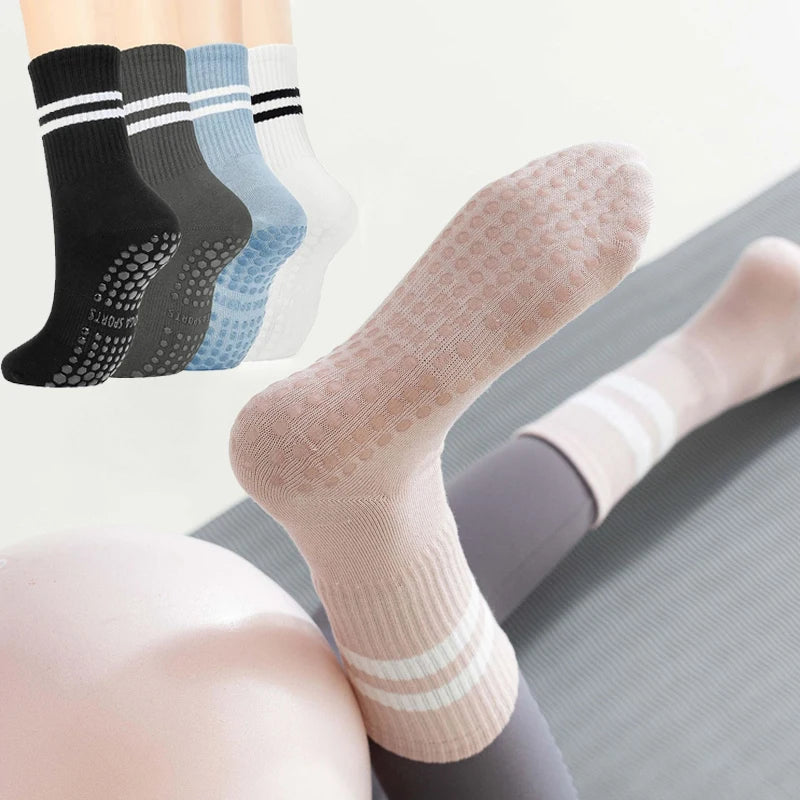 4 Pairs Yoga Socks for Women Professional Non-slip Silicone Mid-tube Pilates Socks Indoor Fitness Gym Dance Sports Floor Socks