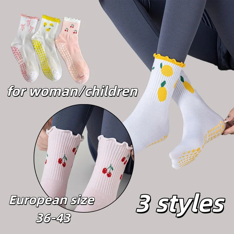 European size 36-43， 1 Pair Knitted Embroidered Yoga Fitness Pilates Sports Silicone Non slip Bottom Women's Middle Socks
